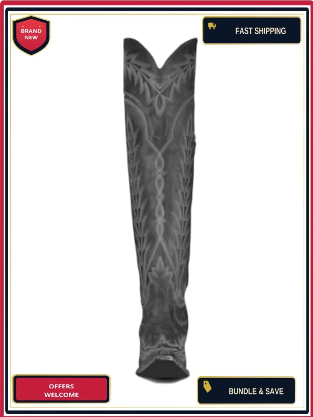 Over the Knee Cowboy Boots Women Embroidered Chunky Heel Side Zipper PU Leather